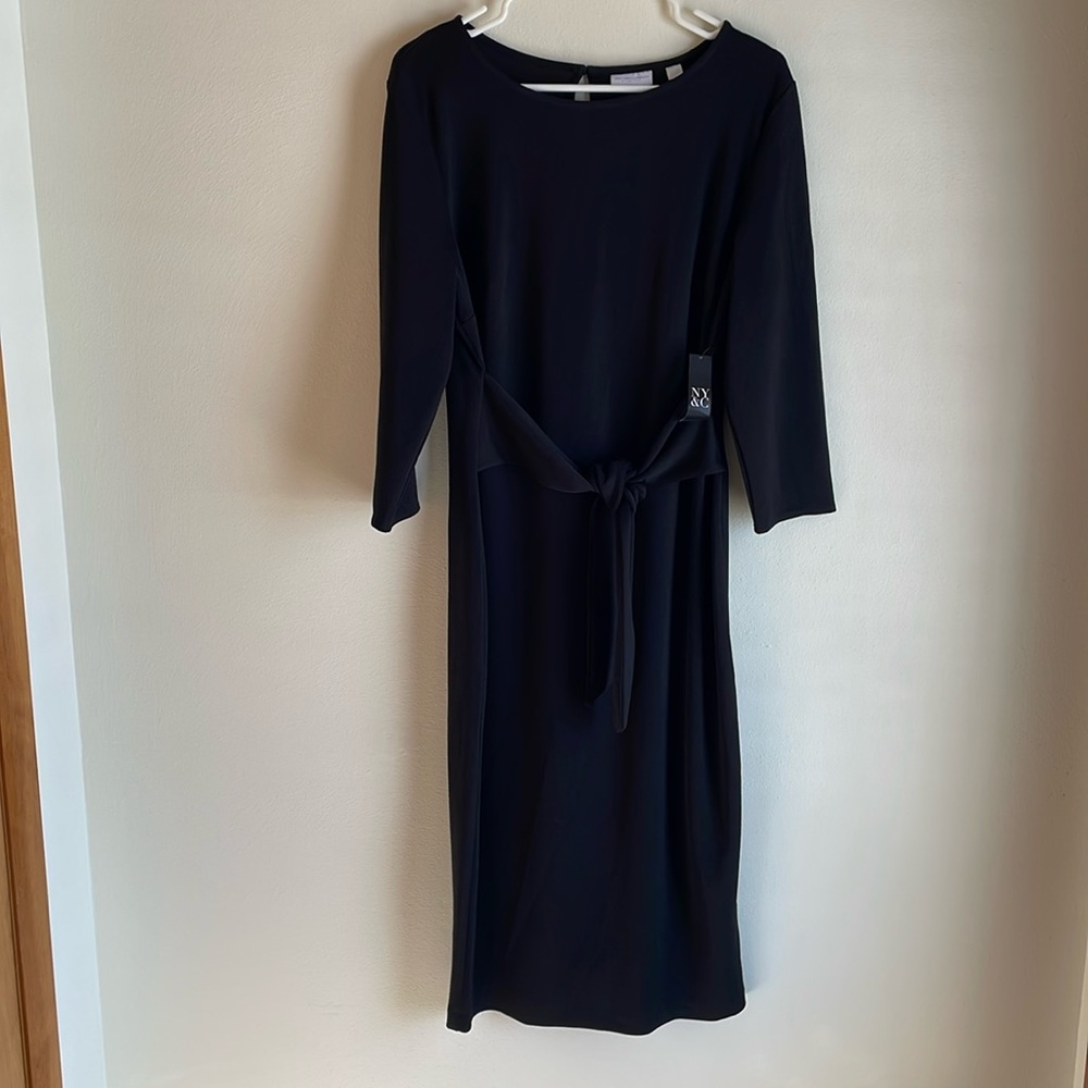 Classy classic - sophisticated tea-length black dress w/kick pleat & 3/4 sleeve